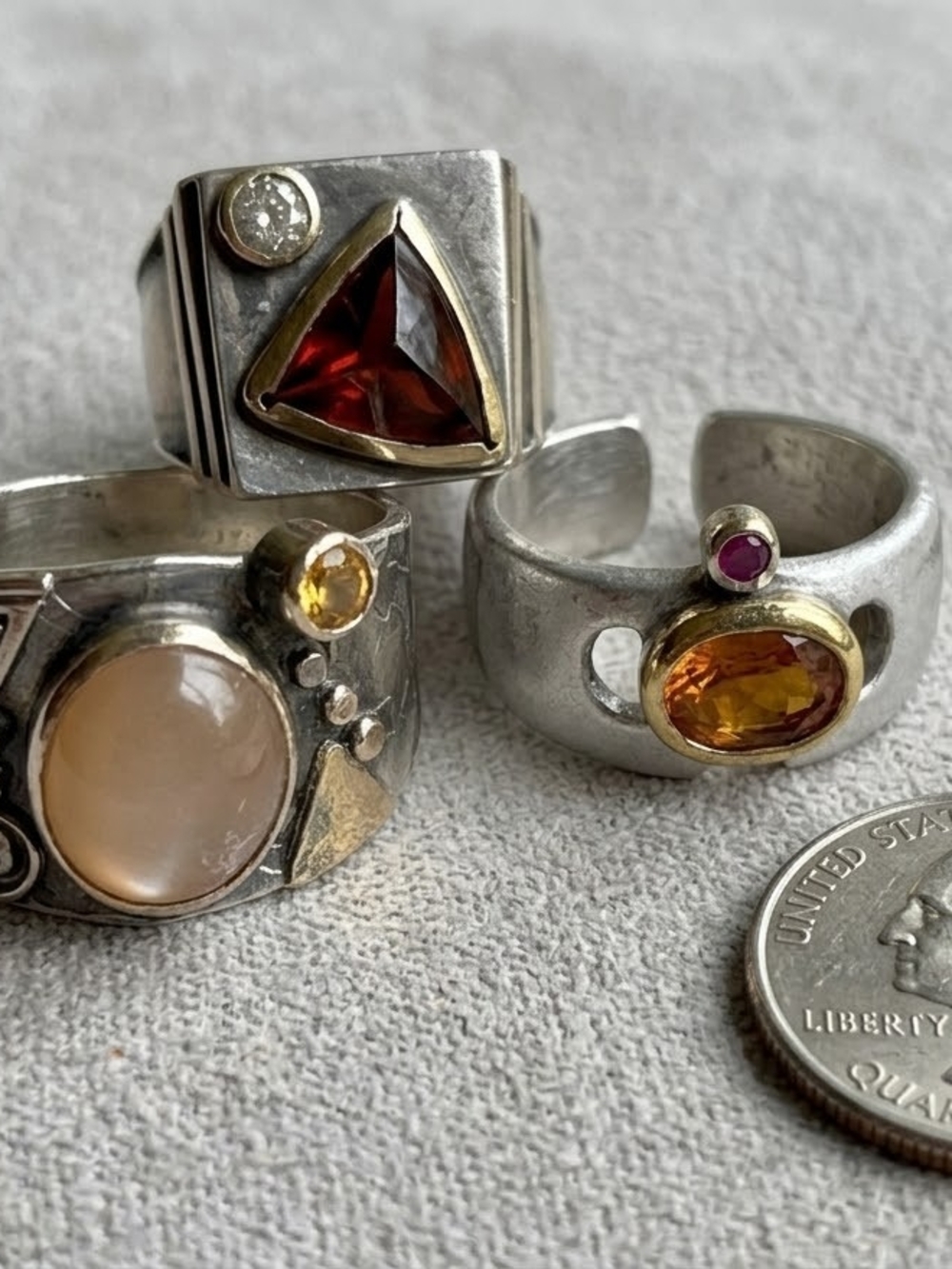 Lot of 3 David Sabine Collings Modernist Sterling Silver 14K Gold Gemstone Rings